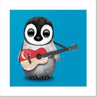 Baby Penguin Playing Singapore Flag Guitar Posters and Art